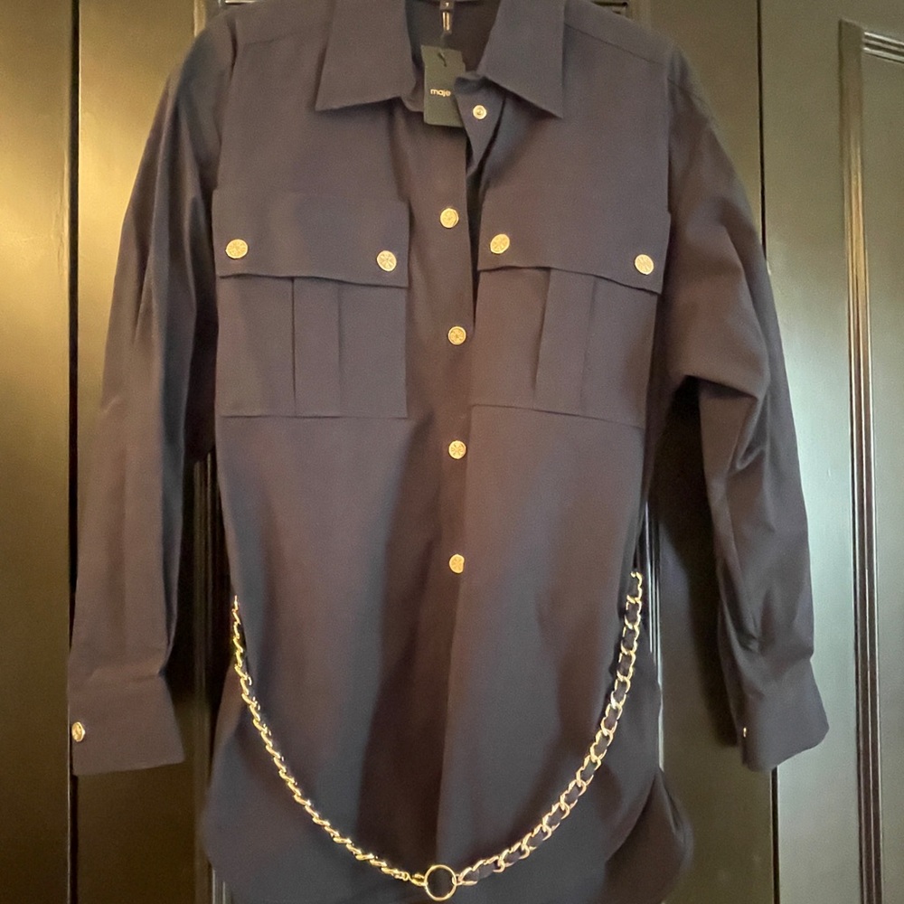 Maje Blue Casual Shirt with Edgy Chain Belt with Gold Buttoms -New Size 3